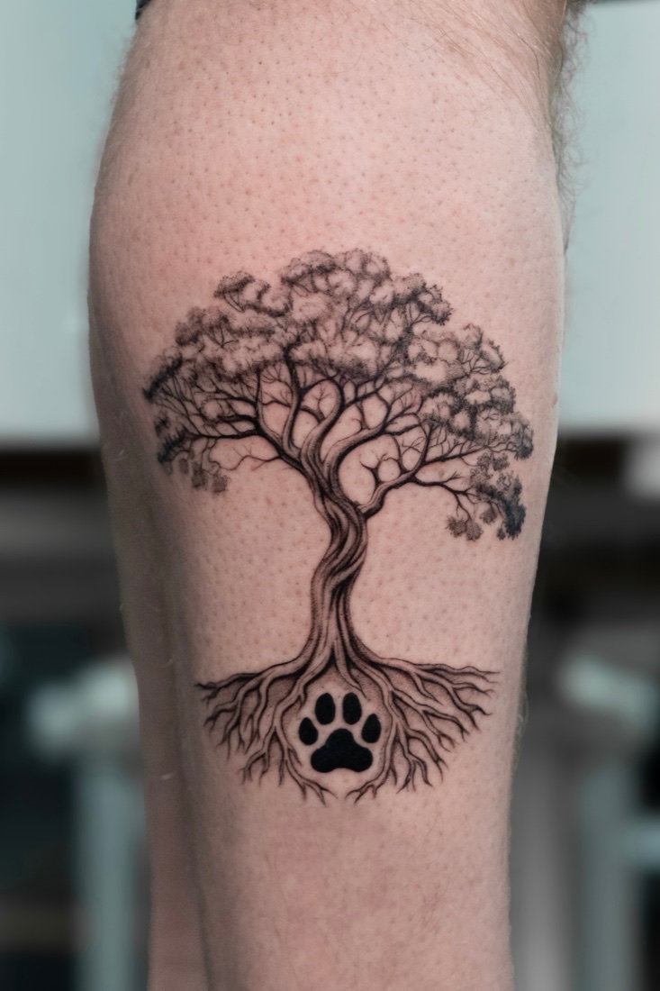 Tattoo of a tree of life with a paw print in its roots, in memory of Bodhi